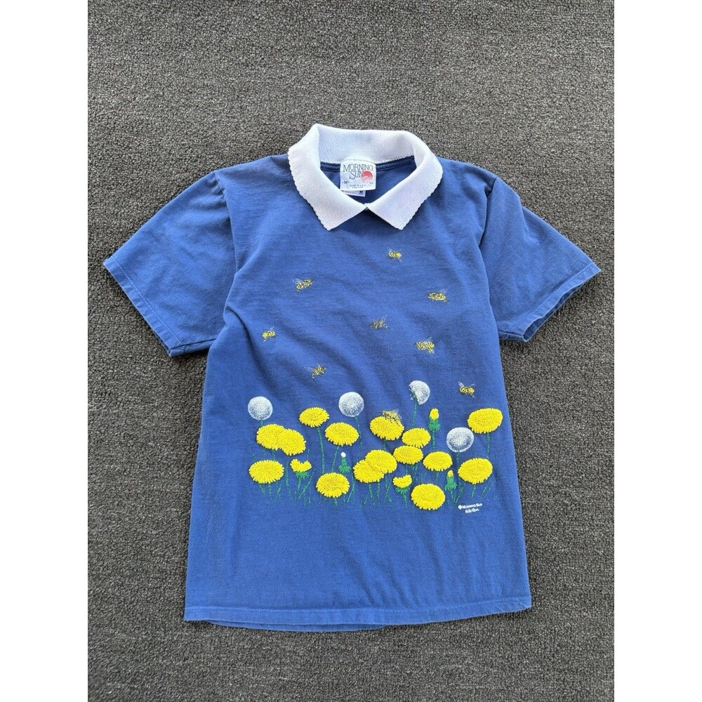 Vintage Morning Sun Dandelion Bee Graphic T-Shirt Womens M Blue‎  USA Made 90s